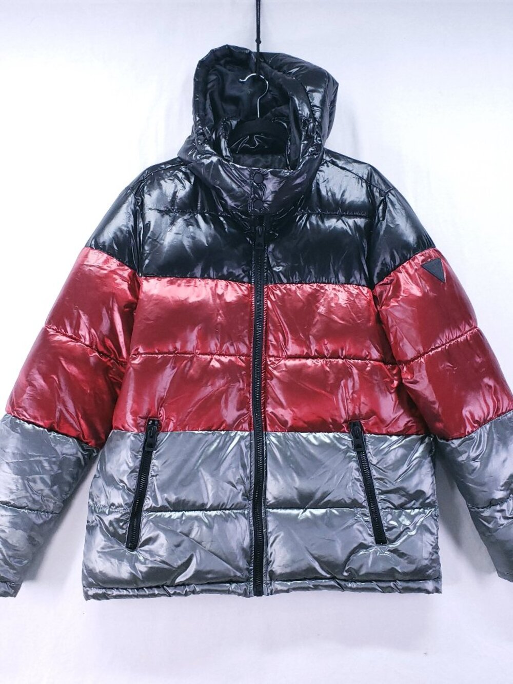 Guess LA Puffer Jacket Size Large Hooded Shiny Colorblock Black Red Silver